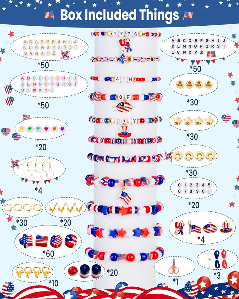 Goldwise 1578Pcs 4th of July Red White Blue Beads Bracelet Making Kit with Clay Seed Plastic Pony Pearl Beads, Patriotic USA Flag Star Beads, Metal Charms Earrings for Jewelry Making - Image 3
